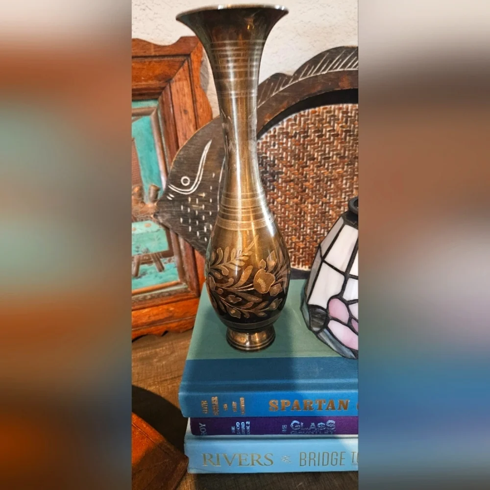 Brass floral etched vintage vase